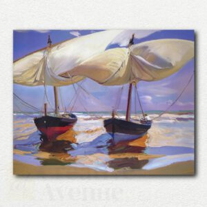Original painting design of Stranded Boats by Joaquin Sorolla showing fishing boats, figures, and oxen on a sunny beach with bright light.