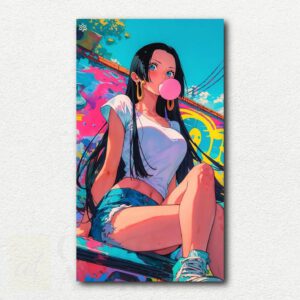 Original paint by numbers kit design showing Boa Hancock from One Piece in a purple hoodie with a simple background.