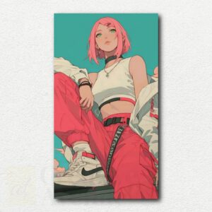 Digital paint by numbers design of Sakura Haruno from Naruto in a red jacket and hoodie with pink hair on a white background.