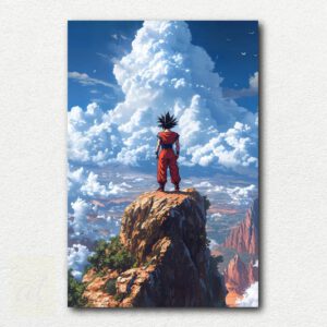 Paint by numbers design of San Goku standing on a stone with a sky and clouds background from Dragon Ball anime.