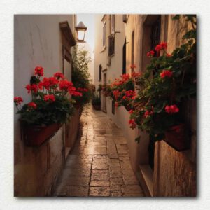 Paint-by-numbers canvas showing a summer Italian alleyway with stone buildings, pink bougainvillea, and a bicycle.