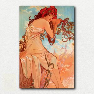 Art Nouveau painting Summer by Alphonse Mucha showing a woman with flowing brown hair by the water, red poppy in hair, framed by ornate decorations.