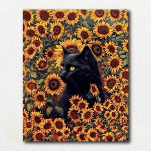 Digital paint by numbers kit image of a whimsical cat's face in the center of a sunflower in a vase with yellow, blue, green, brown, and orange colors.