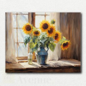 Rustic still life painting design of bright yellow sunflowers in a vase on a wooden table in front of a window with light casting shadows.