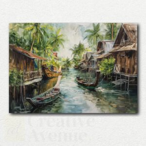 Sunlit village street with cobblestones and colorful flowers in window boxes depicted in a paint by numbers kit design.