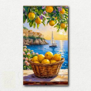 Digital paint by numbers design showing a branch of yellow lemons with green leaves against a bright blue background.