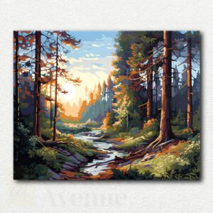 Original paint by numbers design of a sunlit forest path winding through green trees toward a calm bright lake in the distance.