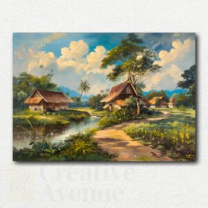 Paint by numbers kit design showing a sunny village street with tan buildings, palm trees, and bright pink and red flowers in a Mediterranean or tropical setting.