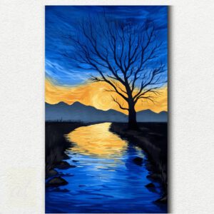 Paint by numbers kit image showing a vivid sunset over a calm river with silhouetted trees and colorful sky.