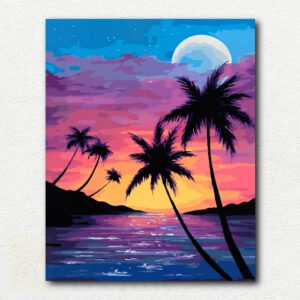 Stylized tropical sunset with silhouetted palm trees and colorful sky reflecting in water in the paint by numbers kit design.