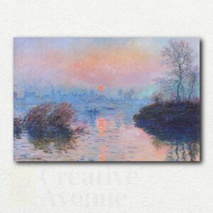 Original paint by numbers design of Claude Monet's Sunset on the Seine at Lavacourt showing fiery orange sunset and icy blue river with silhouetted trees.