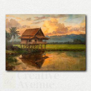 Paint by numbers kit image showing terraced rice fields with small huts under a vibrant orange, pink, and yellow sunset sky.