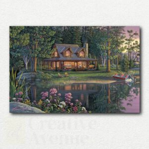 Original paint by numbers design of a lakeside house with porch swing, dock, wooden boat, and deer at water's edge under a sunset sky.