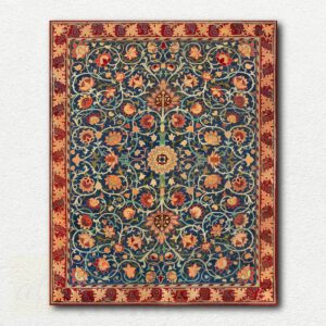 William Morris tapestry paint by numbers kit showing dark green acanthus leaves, small flowers, and birds in a dense layered pattern.