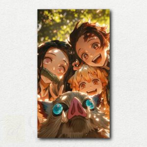 Vertical selfie-style paint by numbers design showing Tanjiro, Nezuko, Zazu, and an Inoke in a big band number skit from Demon Slayer.