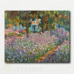 Claude Monet's The Artist's Garden at Giverny paint by numbers kit showing the garden path with purple irises and colorful flowers under sunlit trees.