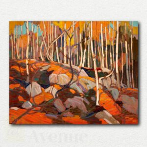 Original painting design of The Birch Grove showing birch trees with bright yellow and orange autumn leaves under a blue sky in a paint by numbers style.