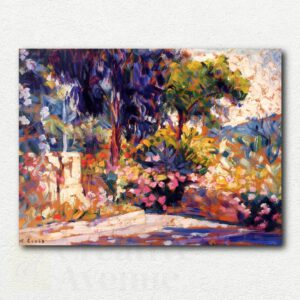 Henri Edmond Cross's pointillist painting The Flowered Terrace showing a terrace with colorful flowers and a bright blue sea in the background.
