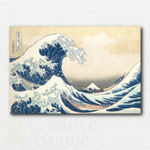 The Great Wave off Kanagawa paint by numbers kit showing the original numbered canvas, paint pots, and brushes with the iconic wave design.