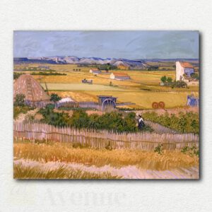 Vincent Van Gogh's The Harvest painting design showing a golden wheat field, blue cart, ladders, figures, and farmhouses under a blue-green sky.