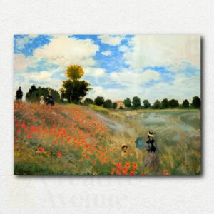 Claude Monet's The Poppy Field near Argenteuil showing a vibrant red poppy field with a woman and child walking, trees and a house in the background.