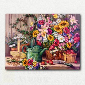 Original painting design of The Potting Bench showing a wooden potting bench with terracotta pots, gardening tools, a straw hat, and colorful flowers.