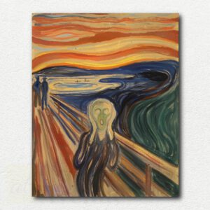 Edvard Munch's The Scream painting showing a screaming figure with hands on face against a swirling orange and red sunset sky and fjord background.
