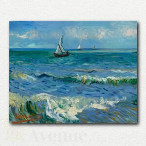 Vincent Van Gogh's The Sea at Les Saintes-Maries-de-la-Mer showing small sailboats on a choppy sea in blue, green, and white tones, paint by numbers design.