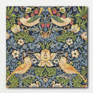 Original painting design of William Morris's Strawberry Thief showing thrush birds stealing strawberries amid scrolling leaves and flowers in blue, red, green, tan, white, and yellow.
