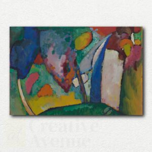 Original paint by numbers design of Wassily Kandinsky's The Waterfall showing abstract waterfall and landscape with bright color patches.