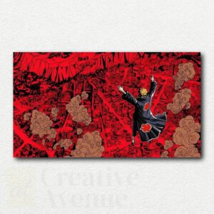 Digital paint by numbers kit design showing Pain from Naruto floating with arms outstretched above Konoha village being destroyed.