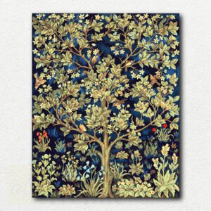 Paint by numbers kit image showing William Morris's Tree of Life design with a symmetrical tree, detailed leaves, flowers, and birds on a solid background.