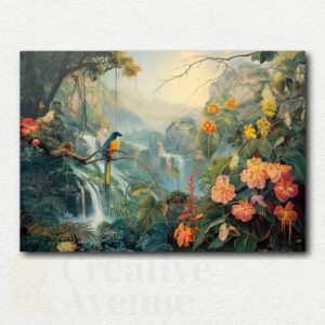 Colorful tropical jungle scene with waterfall, lagoon, parrots, toucan, and exotic flowers in a paint by numbers design.