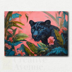 Stylized colorful leopard face surrounded by tropical leaves on a white background, shown as a paint by numbers kit design.