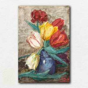 Finished painted version of the paint by numbers kit depicting red and pink tulips in a dark ornate vase with a moody background.