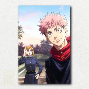 Painting design of Eta Dory and No Bro No Bro characters from Jujutsu Kaisen anime in a dynamic pose.