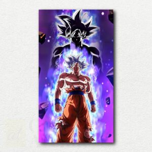 Digital paint by numbers design of Goku from Dragon Ball in silver-haired Ultra Instinct form with glowing purple and blue aura on white background.