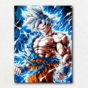 Painting design of Goku from Dragon Ball in Ultra Instinct form with silver hair and glowing blue-purple aura on dark background.