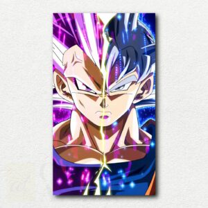 Pop-art style paint by numbers design of Goku from Dragon Ball in Ultra Instinct form with bright pink, blue, and yellow blocks of color.