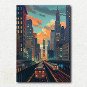 Red tram on tracks in a city street with colorful yellow and orange autumn trees and buildings in blue, brown, and grey in the paint by numbers design.