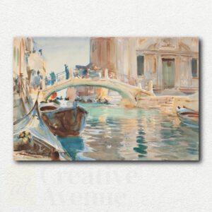 Original Venice Painting design by John Singer Sargent showing gondolas on a Venetian canal with mooring poles and palaces in watercolor style.
