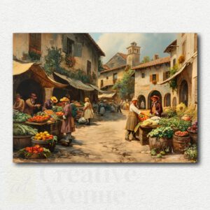 Original paint by numbers design of a bright European village square with colorful buildings, cobblestone streets, flower boxes, and a fountain.