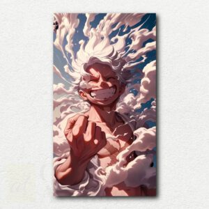 Paint by numbers design showing Luffy in his fifth form Song God Nika with a white clouds aura cloak and cloud background.