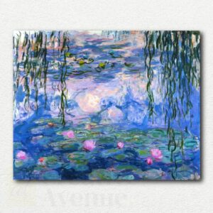 Claude Monet's Water Lilies (Nympheas) 1916 painting showing water surface with lily pads and reflections in blue, purple, and green hues.