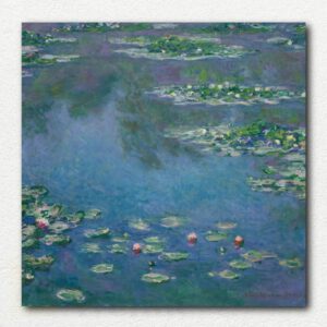 Paint by numbers kit image showing Claude Monet's Water Lilies with pink and white lilies and green pads on blue-green reflective water surface.