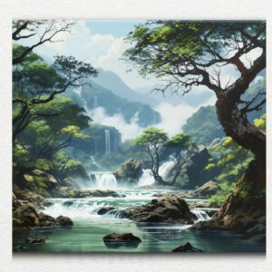 Original painting design of Waterfall Cove paint by numbers kit showing a glowing multi-tiered waterfall and colorful trees.