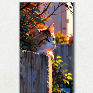 Stylized close-up cat portrait with glowing blue, pink, and orange evening sky background from the paint by numbers kit.