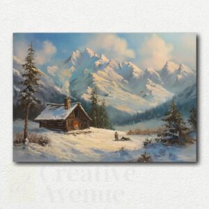 Snow-covered log cabin surrounded by pine trees next to a partially frozen stream under a purple and blue winter sky in the paint by numbers design.