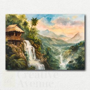 Painting design of a wooden hut beside a multi-tiered waterfall in a lush green forest, shown as a paint by numbers canvas layout.