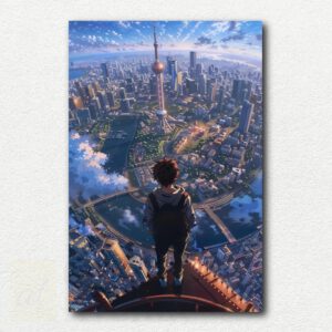 Anime-inspired paint by numbers design showing a character standing on top of a tall building overlooking Tokyo cityscape from behind.